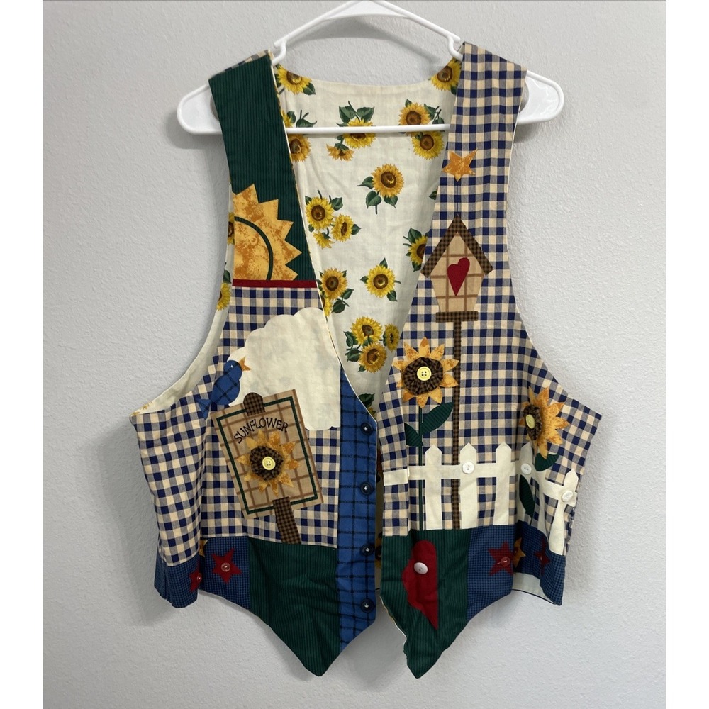 Vintage Sunflower Garden Vest Womens Large Blue Yellow Country Cottagecore 90s